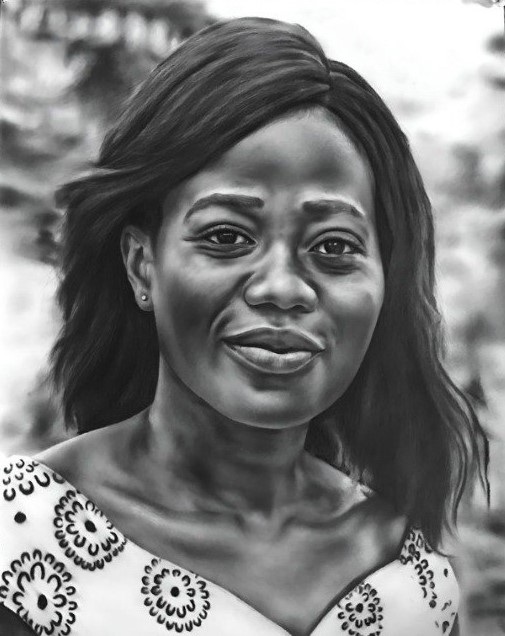 Graphite portrait of a woman with a soft smile and patterned top, foliage blurred behind.