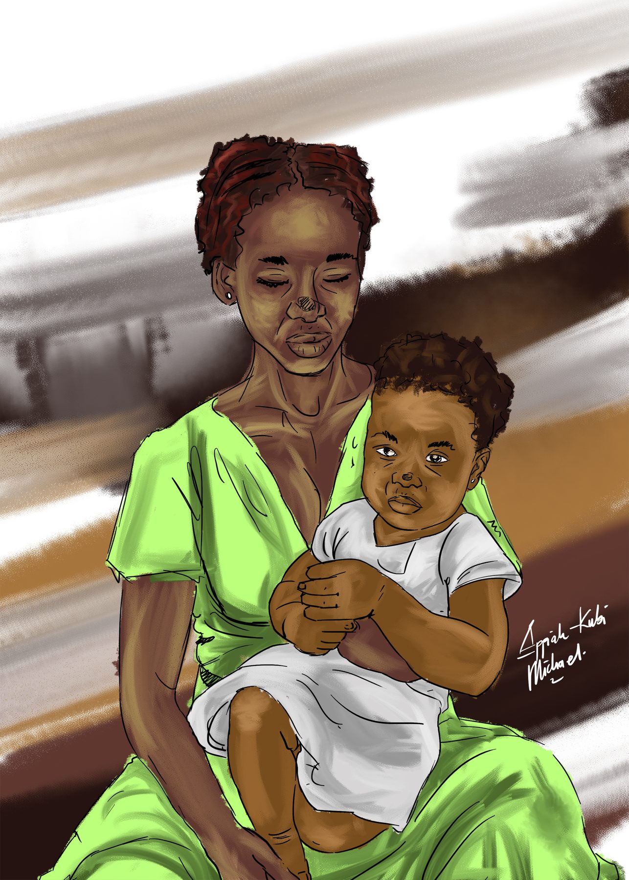 Digital painting of a mother holding a child at a roadside, traffic blurred behind.