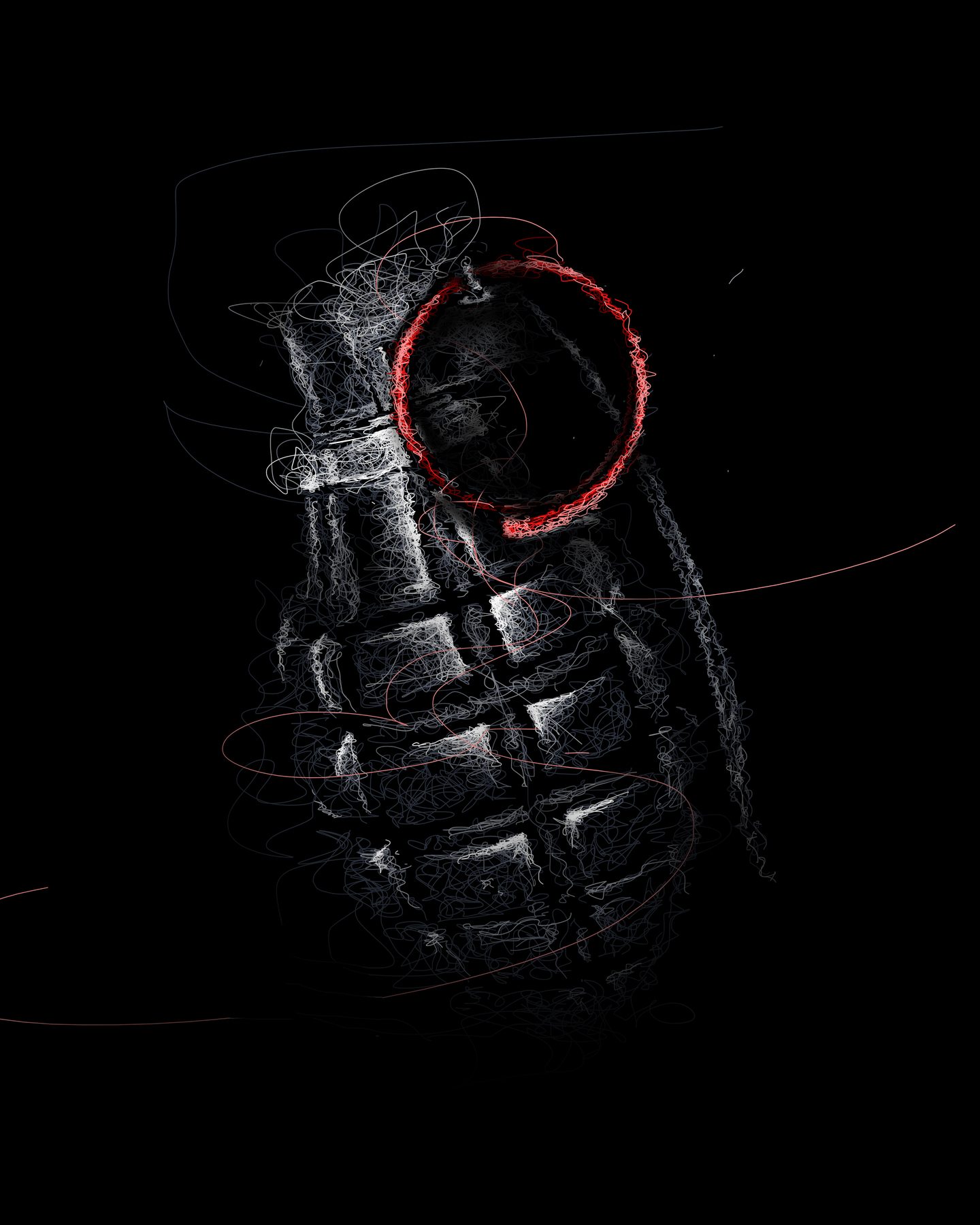 Scribble portrait of a hooded figure ringed by a red halo.