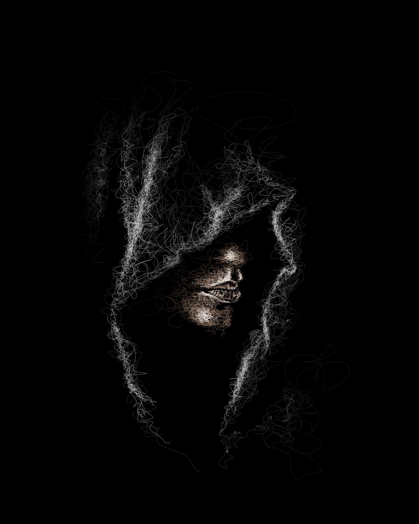 Profile of a face half-lost inside a scribbled hood.